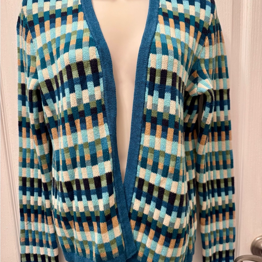 Talbots Blue and Cream Checkered Cardigan Med. Petite
